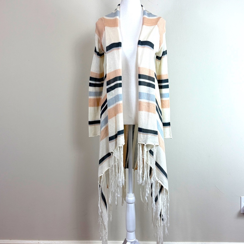 Lovestitch Loose Knot Striped‎ Open Duster Cardigan Fringe Handkerchief Hem Sz M
